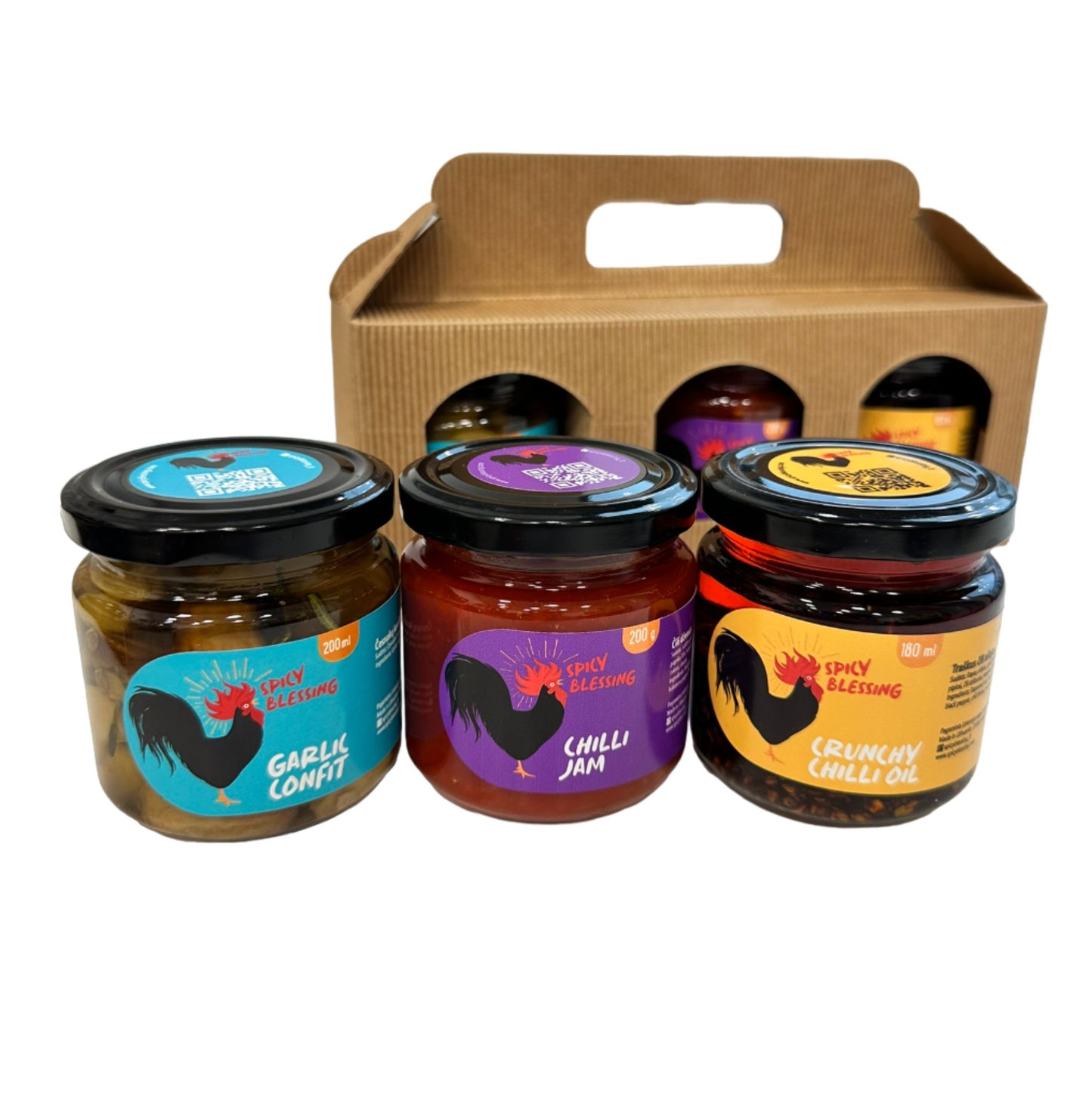 Rinkinys: Traškus čili aliejus, čili džemas ir česnakų konfitas
