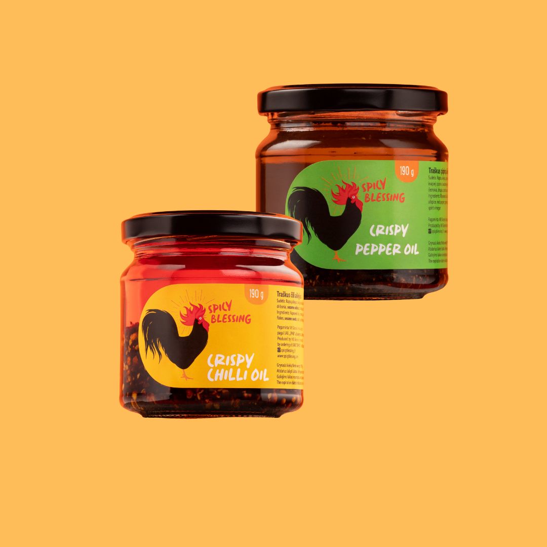 Pasiūlymas: Traškus čili aliejus ir traškus pipirų aliejus Spicy Blessing
